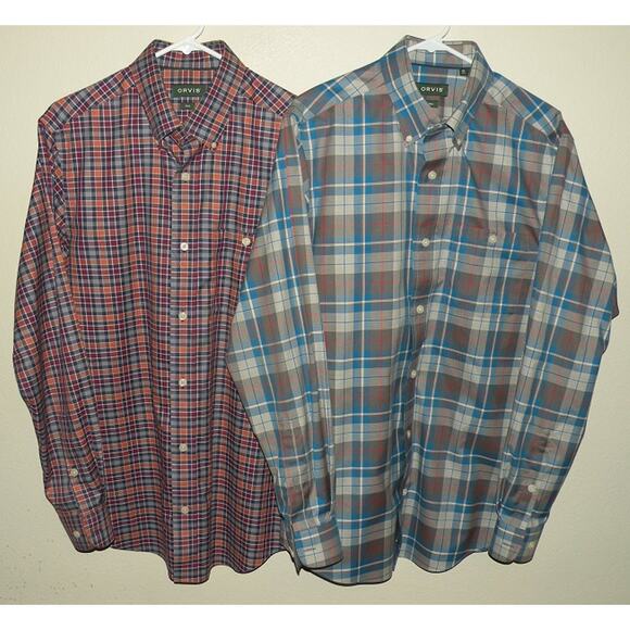 Lot 2 Orvis Wrinkle Free Men’s Medium Tall MT LS Shirts Blue Red Plaid Stretch - Picture 1 of 3